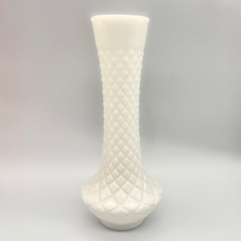 Randal Diamond Quilt Bud Vase Milk Glass White Vintage Decor 9"